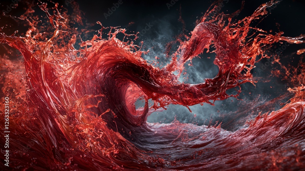 Poster Swirling red-orange waves clash in a dark sea dynamic artwork abstract style dramatic perspective visual concept