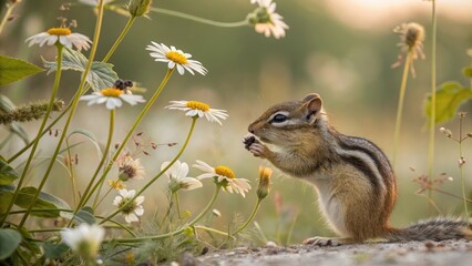 Chipmunk nibbling on seeds amid wildflowers with a joyful spirit against a sunny meadow backdrop