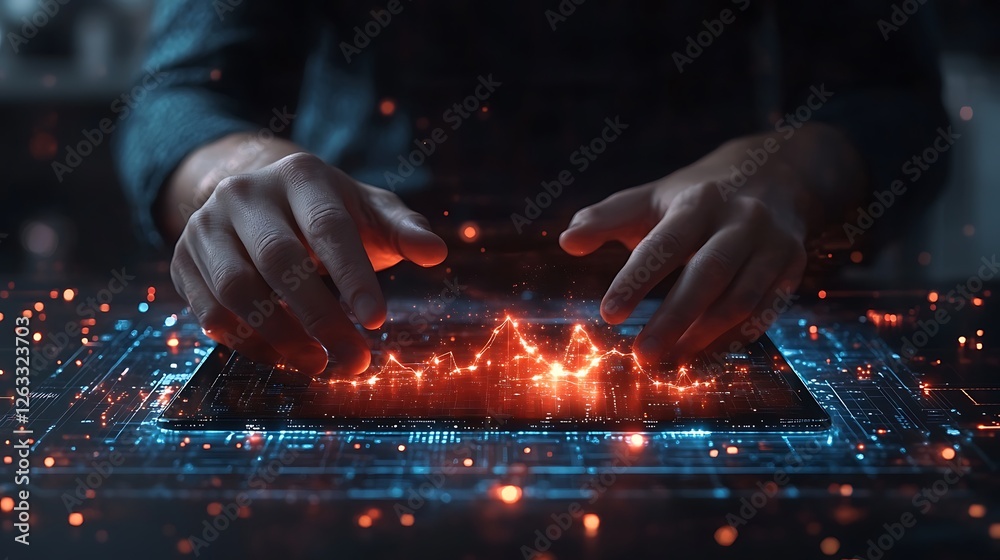 Poster hands interacting with a glowing digital graph on a futuristic interface.