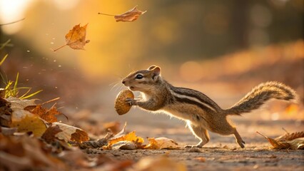 Chipmunk leaping with a cookie against a vibrant autumn backdrop