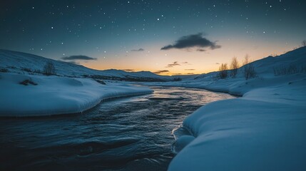 Snowy Valley with River