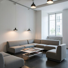 Company waiting lounge, area, uncluttered, modern, sofa, chairs, tables, lamp