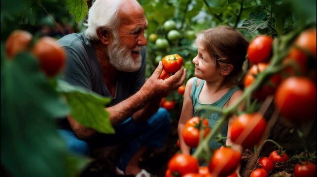 Grandfather and granddaughter picking tomatoes from the garden