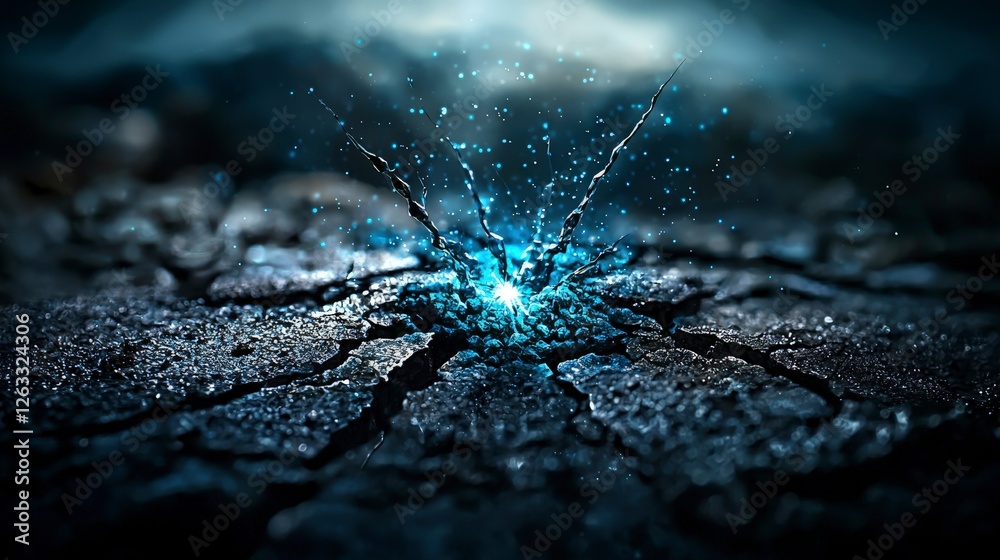Poster emerging blue sparks from cracked surface urban setting digital art mysterious atmosphere close-up i