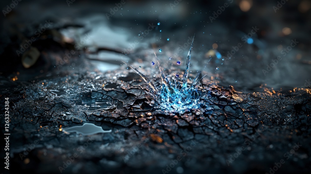 Poster tiny sapphire points of light emerge from cracks in an urban landscape macro photography captivating