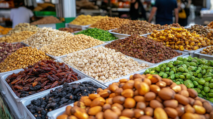 Vibrant Market Display of Various Nuts, Dried Fruits, and Spices in Colorful Baskets Showcasing Fresh Produce at Local Bazaar