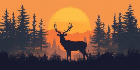 Silhouette of a majestic deer framed by an orange-hued sunset; head turned left, antlers elegantly stretching right against a glowing sky