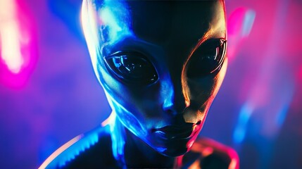 Naklejka premium A metallic alien with glowing eyes stares at the camera