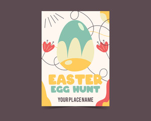 Easter egg card design. Easter holiday egg hunt flyer in colorful flat style with flowers. Retro brochure. Stock illustration background