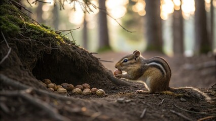 Obraz premium Chipmunk discovering acorns near its burrow in a sunny forest setting