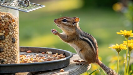 Obraz premium Chipmunk enjoying a snack at a feeding station surrounded by wildflowers