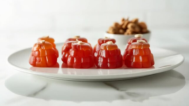 Colorful churchkhela displayed on a white plate, showcasing the rich texture of this Georgian delicacy with nuts in the background.