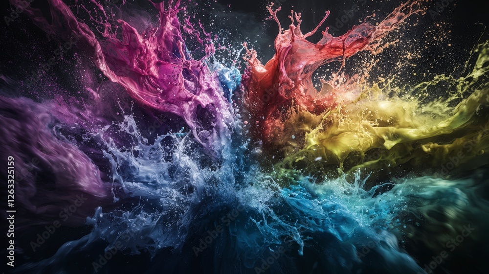 Poster Vibrant color splashing from darkness abstract art digital creation studio close-up contrast and emotion