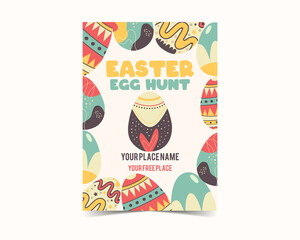 Easter egg card design. Easter holiday egg hunt flyer in colorful flat style with hearts. Retro brochure. Stock illustration background