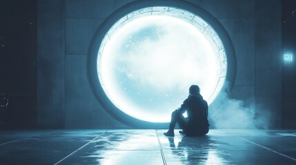 Fototapeta premium A man sits in front of a large blue circle