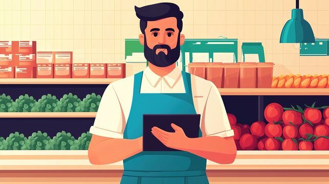 Supermarket owner managing inventory bright store digital content retail environment engaging viewpoint business concept