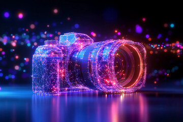 Title: A camera with digital lines and glowing particles, symbolizing the fusion of modern photography and cutting-edge imaging technology in a futuristic setting