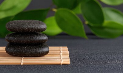 Tranquil Zen Stones Stacked on Bamboo Mat with Green Leaf Background for Wellness and Relaxation Themes in Natural Settings
