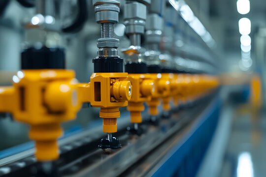 Automated industrial line featuring yellow actuators with precision mechanisms for synchronized operations in a manufacturing environment.