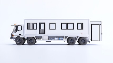 A modern truck with a spacious living compartment, featuring multiple windows and a clean white exterior, set against a white isolated background.