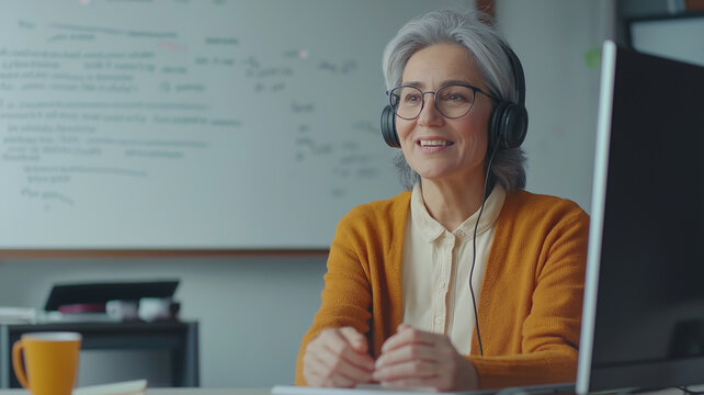 Engaging Professor Teaches While Working at Her Computer in a Modern Classroom Setting, Showcasing Wisdom and Passion for Education. Generative AI