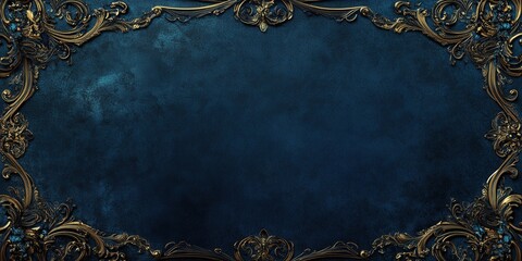 Close-up of rich dark blue, textured surface adorned with delicate gold designs. Intricate shapes and patterns reveal meticulous detail, creating an exquisite visual tapestry