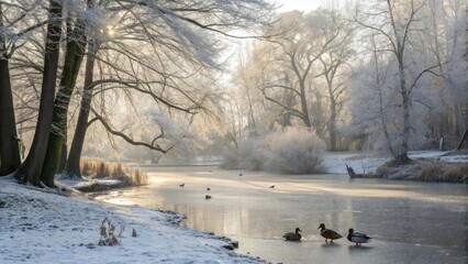 Peaceful ducks swimming gracefully amidst a frosty landscape against a misty river backdrop