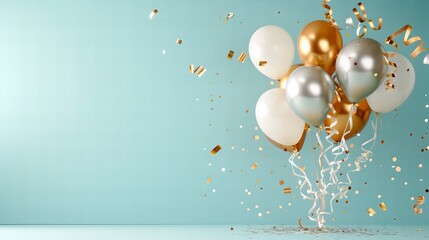 Balony okolicznościowe ze złotym konfetti na jasnoniebieskim tle na imprezę świąteczną