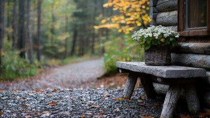 Rustic Wooden Bench by Cabin Path in Autumn Woods