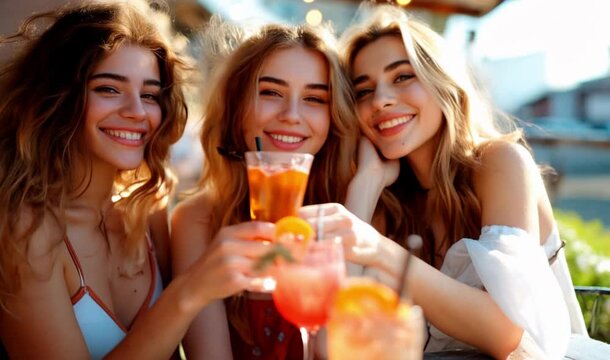Three fun Caucasian girls having cocktails on a spring morning