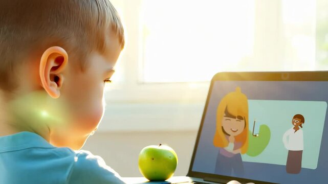 Preschool kid learning online through laptop, watching animated teachers, green apple nearby, sunlight streaming across workspace during remote education session