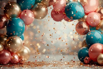 Żywe balony i konfetti na uroczystą uroczystość w kolorach złotego różu i błękitu