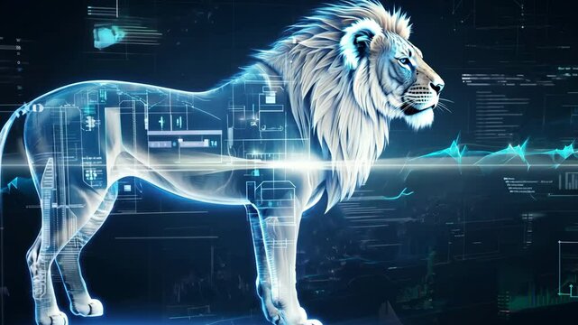 White lion profile undergoing a digital body scan with futuristic interface