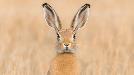 Close-up of a European hare with its ears perked up against a soft, blurred background of tan grasses, showcasing its alert and gentle nature.