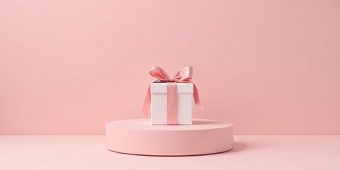 A delicately presented gift box with a soft pink ribbon sits elegantly on a pale pink circular pedestal against a matching background.