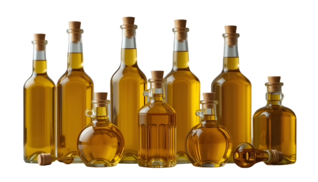 bottle of wine
bottles of golden oil different shapes corked transparent background