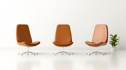 Fototapeta premium Modern brown leather chairs in minimalist setting with plant