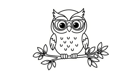 Obraz premium Wise Owl with Glasses on Branch Coloring Page for Kids, Educational Black and White Printable