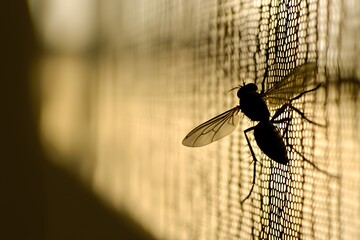 Fly Trapped on Screen: A silhouette of a fly caught on a window screen, wings spread in a moment of desperation. The image evokes a sense of confinement.