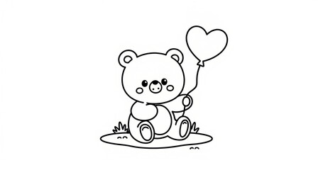 Fototapeta premium Cute Teddy Bear Holding Heart Balloon Coloring Page for Kids, Adorable Black and White Printable