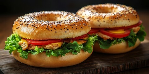 Delicious bagels filled with fresh ingredients presented on a wooden board in a cozy dining setting