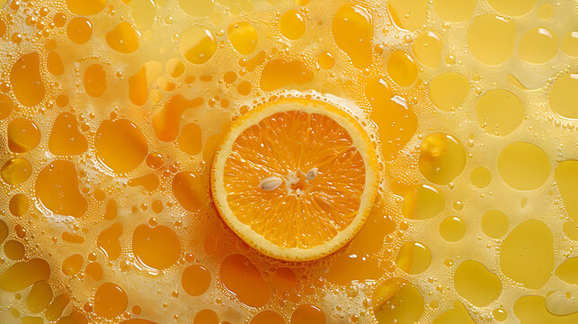 Freshly sliced orange on vibrant juice background with bubbles, ideal for food-related themes