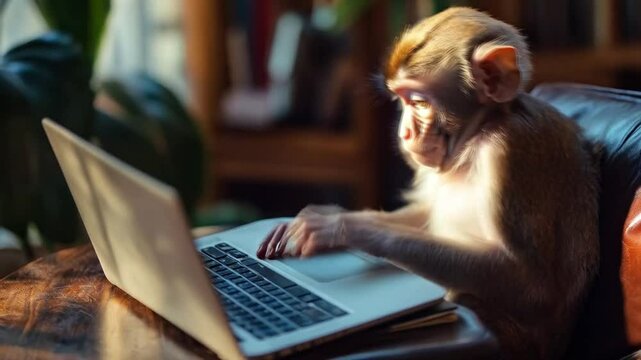 Scene of a little monkey typing on a laptop, smooth repetitive movements for background video animation