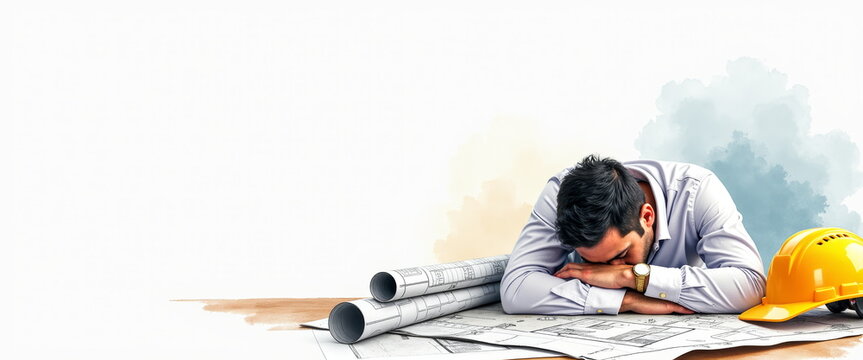 Tired architect sleeping on blueprints &ndash; ideal for work-life balance blogs, burnout awareness, productivity articles, and workplace illustrations