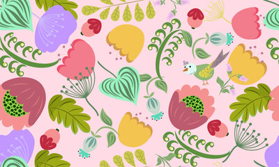 bright floral botanical seamless pattern in delicate colors, vector illustration, folk art, cute naive colorful repeating design