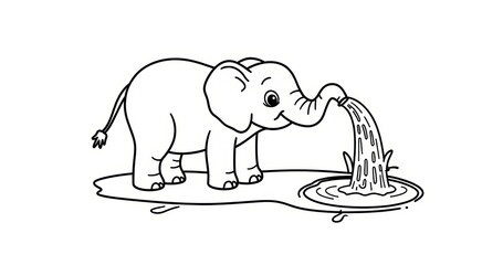 Obraz premium Playful Elephant Spraying Water Coloring Page for Kids, Black and White Safari Adventure Printable