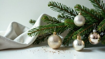 Elegant Festive Decor Sparkling Ornaments Adorn a Fresh Evergreen Branch Resting on a Soft Draped Fabric, Creating a Serene Winter Scene