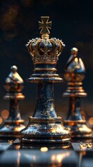 Elegant chess pieces displayed with prominence in a dimly lit setting highlighting their intricate designs and textures