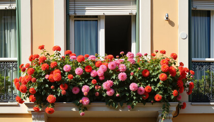 Naklejka premium Flower-filled balcony with vibrant pink and red blooms. Balcony flowers