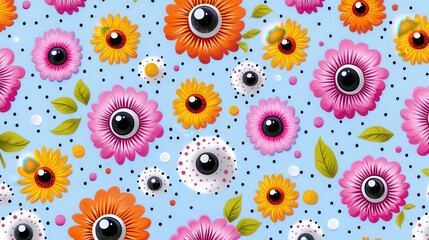 Naklejka premium Colorful Floral Pattern with Whimsical Eyes on Light Blue Background Featuring Various Flower Shapes and Playful Elements for Creative Projects
